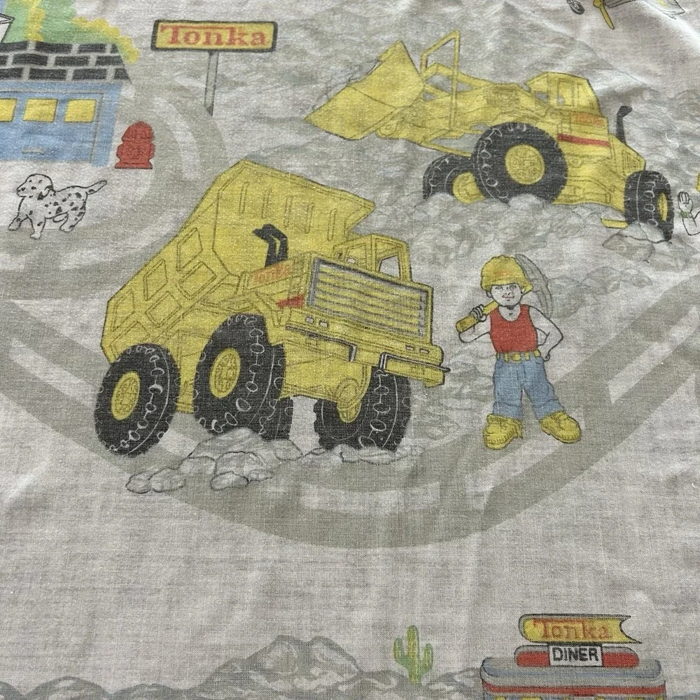 Vintage Tonka Truck Flat And Fitted Sheet Set Construction Planes Fire trucks